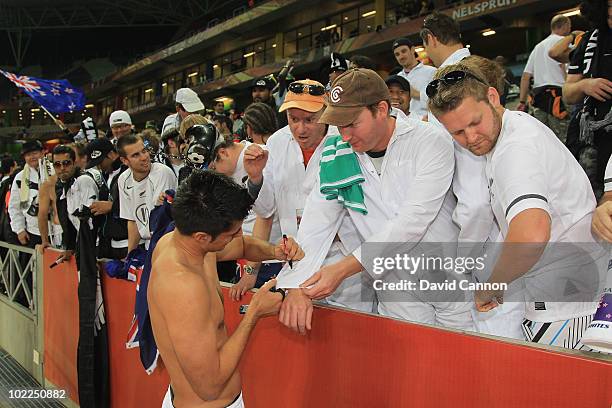 Rory Fallon of New Zealand celebrates with New Zealand fans after holding Italy to a draw in the 2010 FIFA World Cup South Africa Group F match...