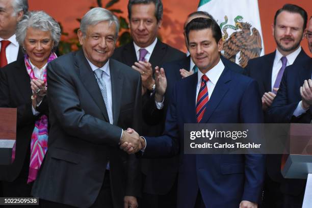 President Elect Andres Manuel Lopez Obrador and President of Mexico Enrique Peña Nieto shake hands during a press conference at Palacio Nacional on...