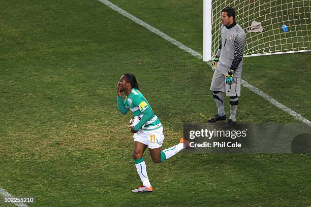 Didier Drogba of the Ivory Coast celebrates scoring his side's first goal during the 2010 FIFA World Cup South Africa Group G match between Brazil...