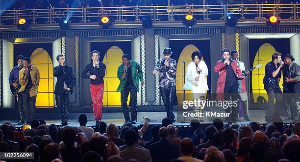 Michael Jackson performs with Tito Jackson, Marlon Jackson, Jackie Jackson, Jermaine Jackson and Randy Jackson of The Jacksons, and *NSYNC