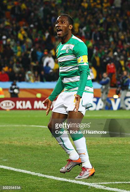 Didier Drogba of Ivory Coast reacts during the 2010 FIFA World Cup South Africa Group G match between Brazil and Ivory Coast at Soccer City Stadium...