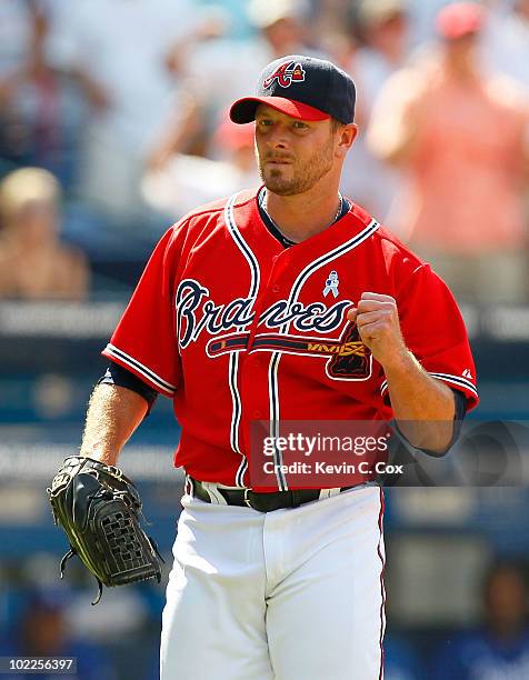 Billy Wagner of the Atlanta Braves reacts after closing out the Kansas City Royals in the ninth inning for a 8-5 win at Turner Field on June 20, 2010...