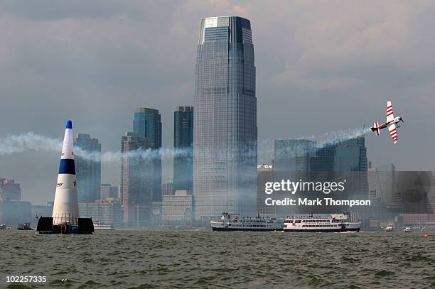 Paul Bonhomme of Great Britain in action on the Hudson River during the Red Bull Air Race New York Race Day on June 20, 2010 in New Jersey.