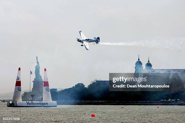 Martin Sonka of Czech Republic in action on the Hudson River during the Red Bull Air Race New York Race Day on June 20, 2010 in New Jersey.