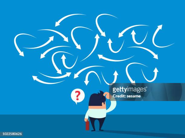 businessman facing a bunch of intricate arrows - lost stock illustrations
