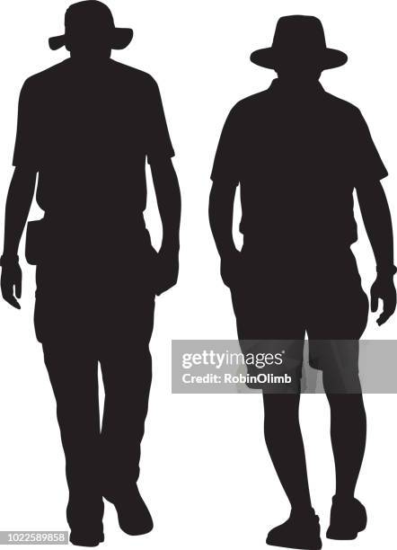 ilustrações de stock, clip art, desenhos animados e ícones de two senior men walking together silhouette - old man