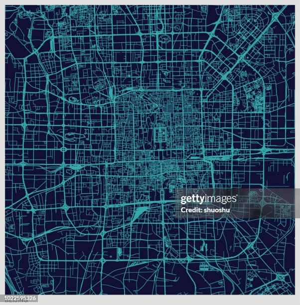 blue art illustration style map of beijing - beijing map stock illustrations