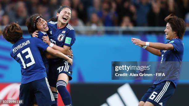 Hinata Miyazawa of Japan celebrates her team's first goal with team mates Asato Miyagawa, Fuka Nagano and Hana Takahashi during the FIFA U-20 Women's...