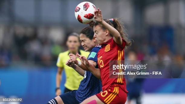 Fuka Nagano of Japan jumps for a header with Candela Andujar of Spain during the FIFA U-20 Women's World Cup France 2018 Final match between Spain...