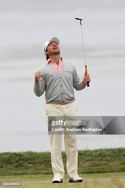 Graeme McDowell of Northern Ireland celebrates making par on the 18th hole to win the 110th U.S. Open at Pebble Beach Golf Links on June 20, 2010 in...