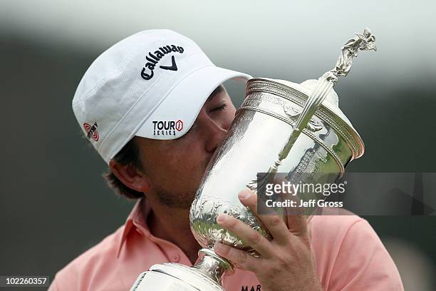 Graeme McDowell of Northern Ireland kisses the trophy on the 18th green after winning the 110th U.S. Open at Pebble Beach Golf Links on June 20, 2010...