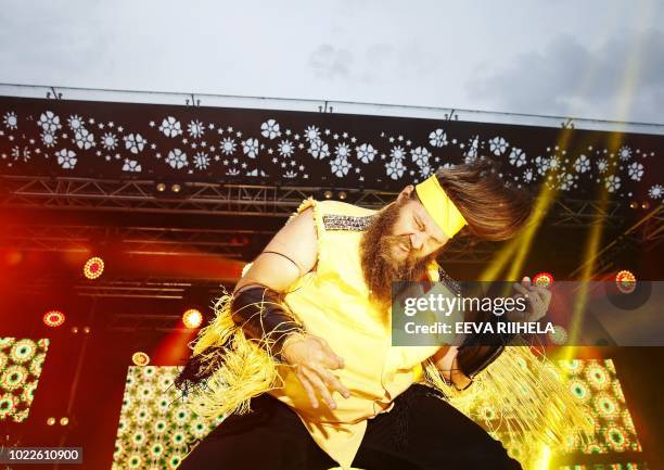 Andrew 'Flying Finn' Finn from USA performs during the Air Guitar World Championships final in Oulu, Finland, on August 24, 2018. / Finland OUT