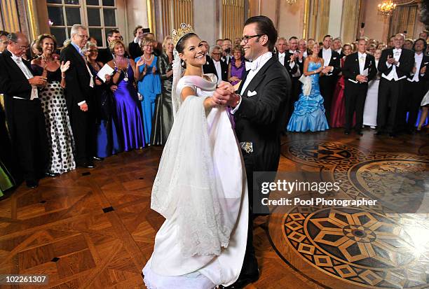 Crown Princess Victoria of Sweden and Prince Daniel, Duke of Vastergotland dance after the Wedding Banquet at the Royal Palace on June 19, 2010 in...