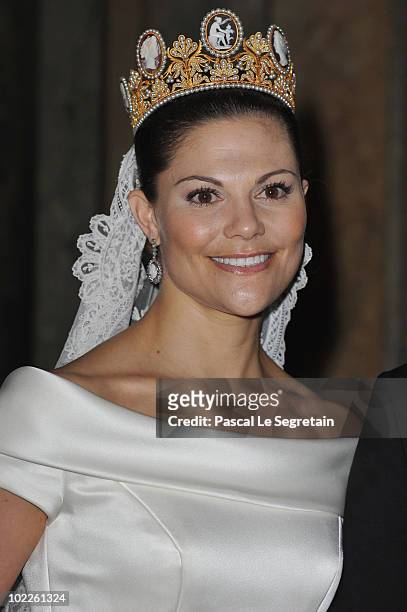 Crown Princess Victoria of Sweden attends her wedding banquet after she married Prince Daniel at the Royal Palace on June 19, 2010 in Stockholm,...