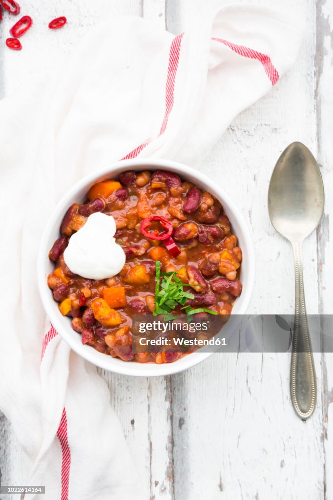 Bowl of Chili con Carne with fresh coriander and sour cream