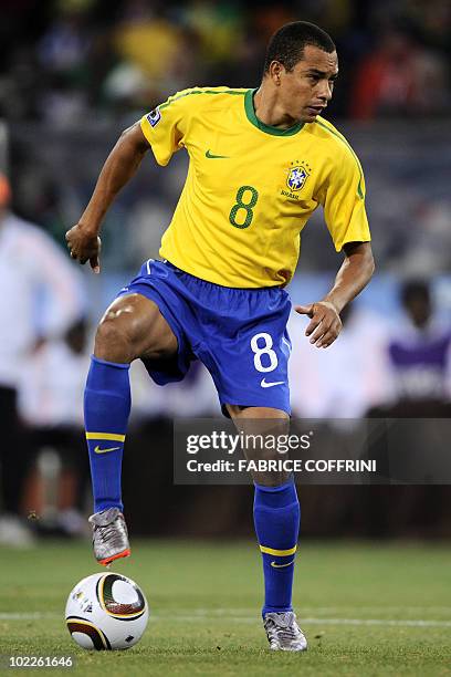 Brazil's midfielder Gilberto Silva controls the ball during the Group G first round 2010 World Cup football match between the Ivory Coast and Brazil...