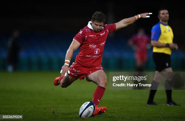 Leigh Halfpenny of Scarlets takes a conversion during the Pre Season Friendly match between Bath and Scarlets at the Recreation Ground on August 24,...