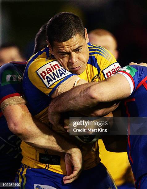 Timana Tahu of the Eels takes on the defence during the round 15 NRL match between the Newcastle Knights and the Parramatta Eels at EnergyAustralia...