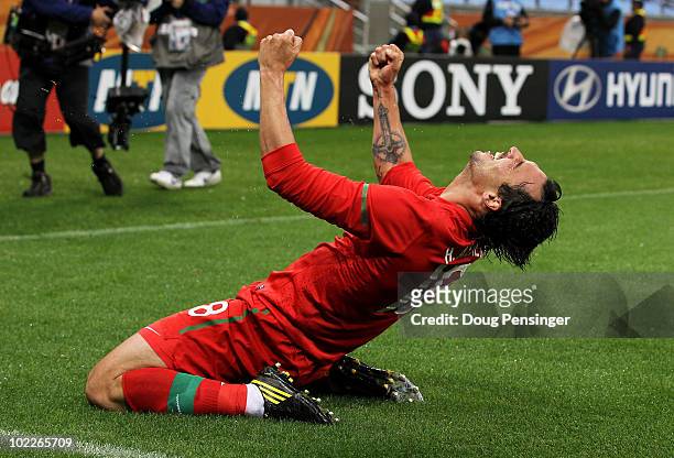 Hugo Almeida of Portugal celebrates after he scores his side's third goal during the 2010 FIFA World Cup South Africa Group G match between Portugal...