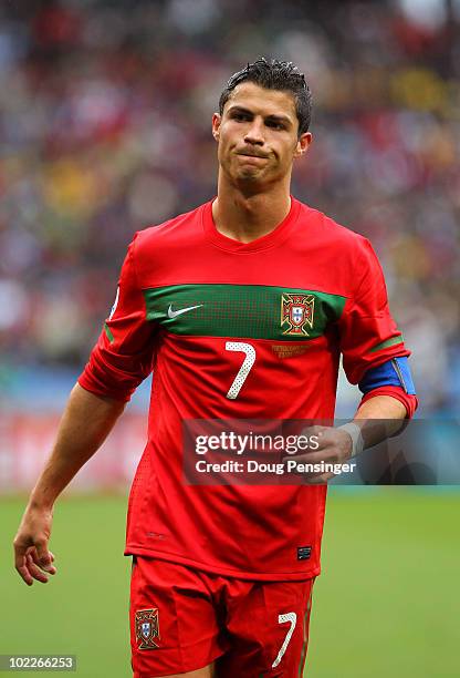 Cristiano Ronaldo of Portugal reacts during the 2010 FIFA World Cup South Africa Group G match between Portugal and North Korea at the Green Point...