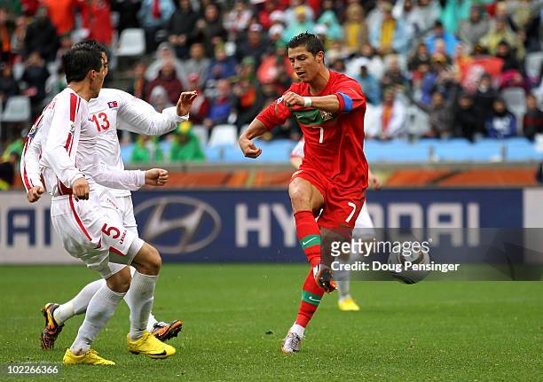 Cristiano Ronaldo of Portugal scores his team's sixth goal during the 2010 FIFA World Cup South Africa Group G match between Portugal and North Korea...