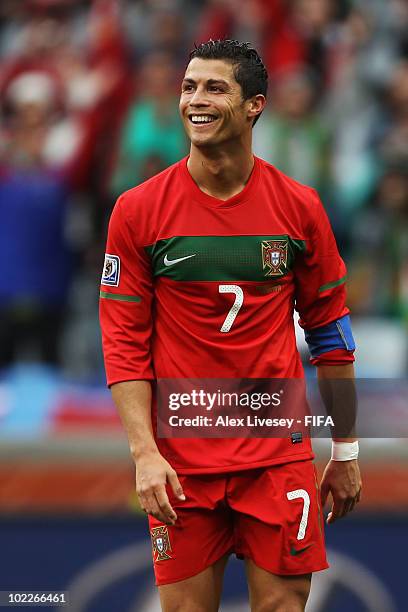 Cristiano Ronaldo of Portugal celebrates after scoring the seventh goal during the 2010 FIFA World Cup South Africa Group G match between Portugal...