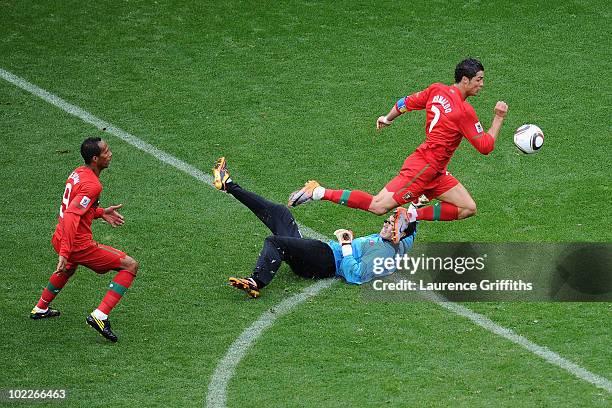 Cristiano Ronaldo of Portugal follows the ball as he scores his team's sixth goal past Ri Myong-Guk of North Korea during the 2010 FIFA World Cup...