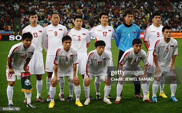 The North Korean starting lineup North Korea's defender Pak Chol-Jin, North Korea's defender Jong Tae-Se, North Korea's defender Cha Jong-Hyok, North...