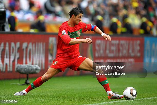 Cristiano Ronaldo of Portugal in action during the 2010 FIFA World Cup South Africa Group G match between Portugal and North Korea at the Green Point...