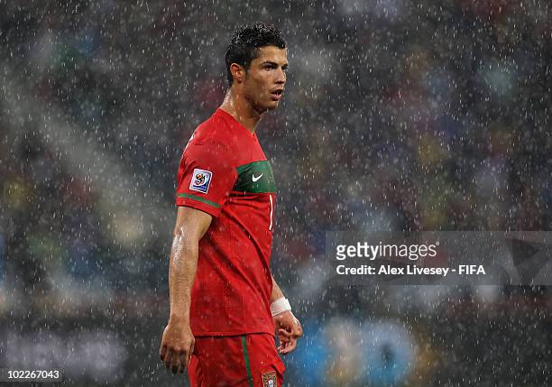 Cristiano Ronaldo of Portugal looks on during the 2010 FIFA World Cup South Africa Group G match between Portugal and North Korea at the Green Point...