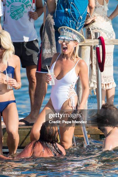 Billie Faiers parties in a beach club on August 24, 2018 in Ibiza, Spain.