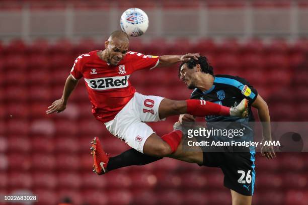 Martin Braithwaite of Middlesbrough and Ahmed Hegazi of West Bromwich Albion during the Sky Bet Championship between Middlesbrough and West Bromwich...