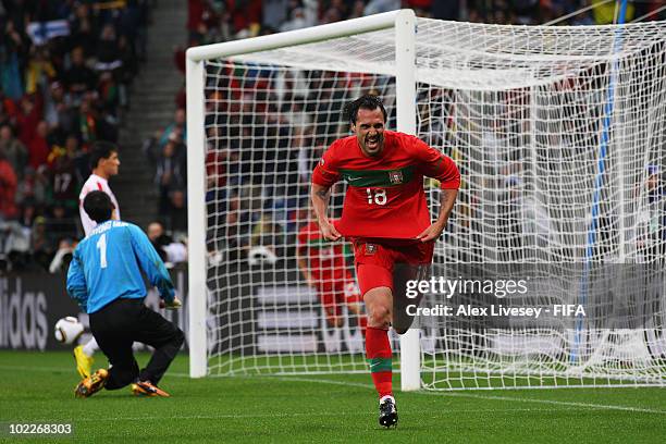 Hugo Almeida of Portugal celebrates after scoring the third goal during the 2010 FIFA World Cup South Africa Group G match between Portugal and North...