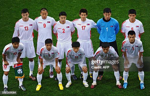 North Korea's starting lineup poses before the Group G first round 2010 World Cup football match between North Korea and Portugal on June 21, 2010 at...