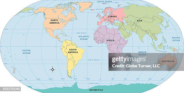 world map, continent labels - equator stock illustrations