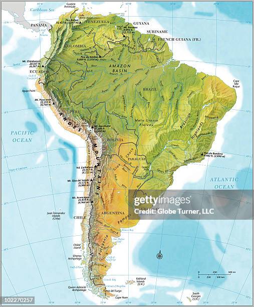 south america continent map, relief - mountain range map stock illustrations