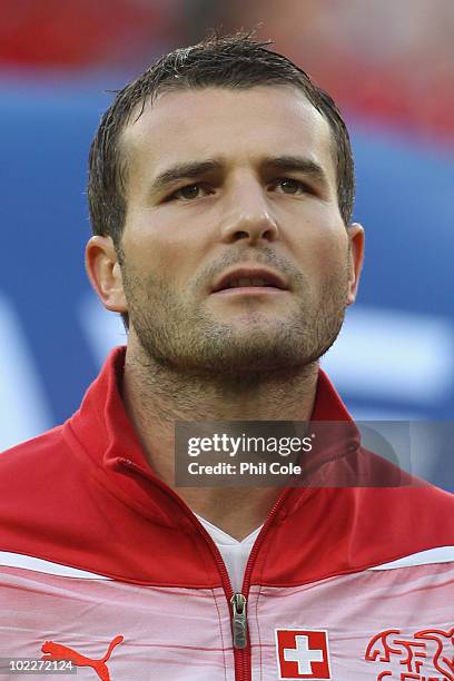 Alexander Frei of Switzerland lines up for the national anthems prior to the the 2010 FIFA World Cup South Africa Group H match between Chile and...