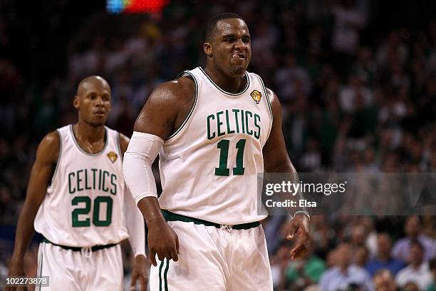 Glen Davis of the Boston Celtics reacts against the Los Angeles Lakers during Game Four of the 2010 NBA Finals on June 10, 2010 at TD Garden in...