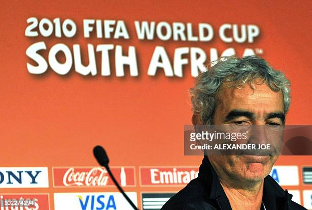 France's coach Raymond Domenech addresses a press conference in Bloemfontein on June 21 on the eve of France's 2010 World Cup match against South...