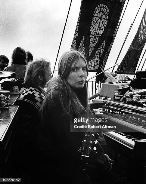 Joni Mitchell takes a break at The Big Sur Folk Festival held at the Eselen Institute on September 15 1969 in Big Sur, California.