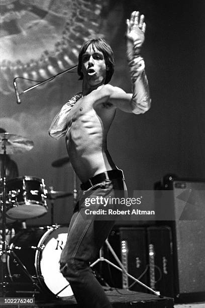 Singer Iggy Pop of Iggy And The Stooges performs onstage at the Fillmore West in May 1970 in San Francisco, California.