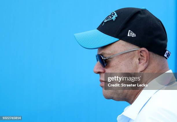 Carolina Panthers owner David Tepper walks the field before their game against the New England Patriots at Bank of America Stadium on August 24, 2018...