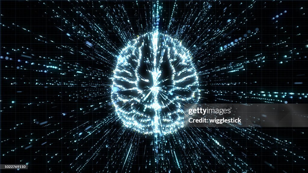 Top view of digital brain in lines of streaming data
