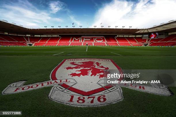 Middlesbrough badge / crest on the pitch at the Riverside Stadium home of Middlesbrough during the Sky Bet Championship between Middlesbrough and...