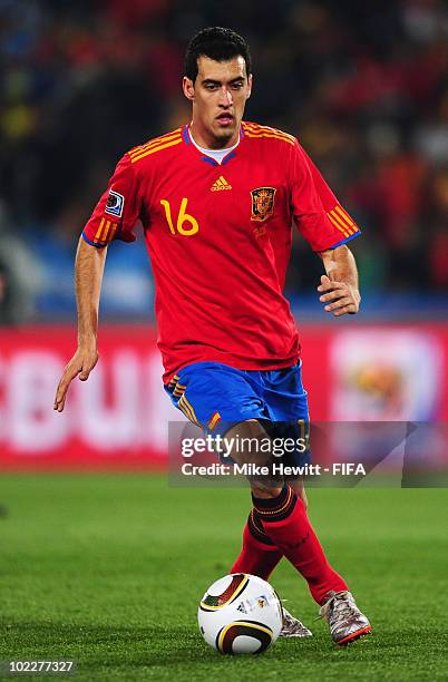 Sergio Busquets of Spain runs with the ball during the 2010 FIFA World Cup South Africa Group H match between Spain and Honduras at Ellis Park...