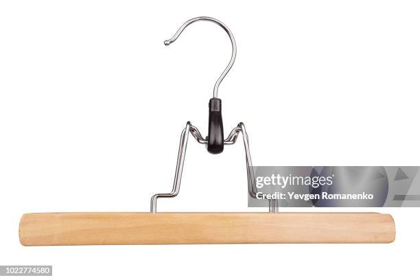 wooden hanger for trousers isolated on white background - hanger stock-fotos und bilder