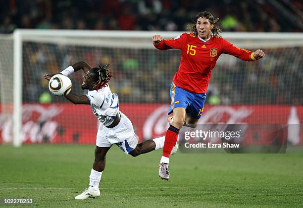 Sergio Ramos of Spain clashes with Walter Martinez of Honduras during the 2010 FIFA World Cup South Africa Group H match between Spain and Honduras...