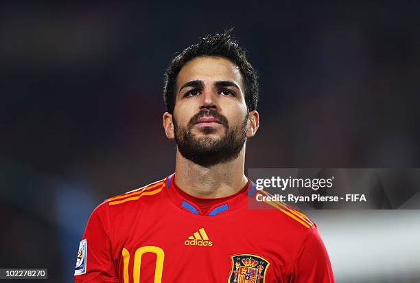 Francesc Fabregas of Spain looks on during the 2010 FIFA World Cup South Africa Group H match between Spain and Honduras at Ellis Park Stadium on...