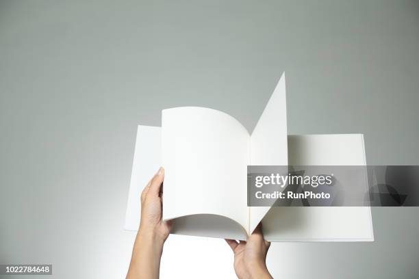 hands holding blank book - panfleto-documento fotografías e imágenes de stock