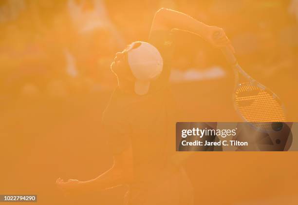 Taro Daniel of Japan serves to Daniil Medvedev of Russia during their semifinals match on day five of the Winston-Salem Open at Wake Forest...